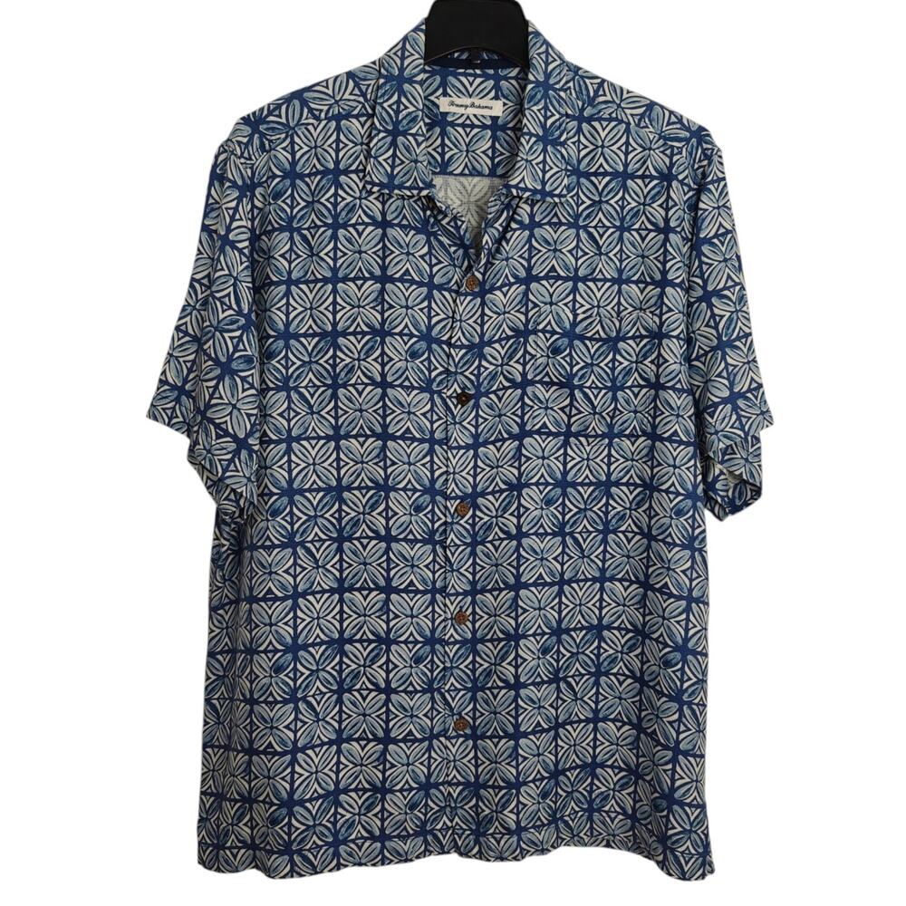 Tommy Bahama Hawaiian Camp Shirt Mens Size XL Blue Silk Geometric Floral Aloha